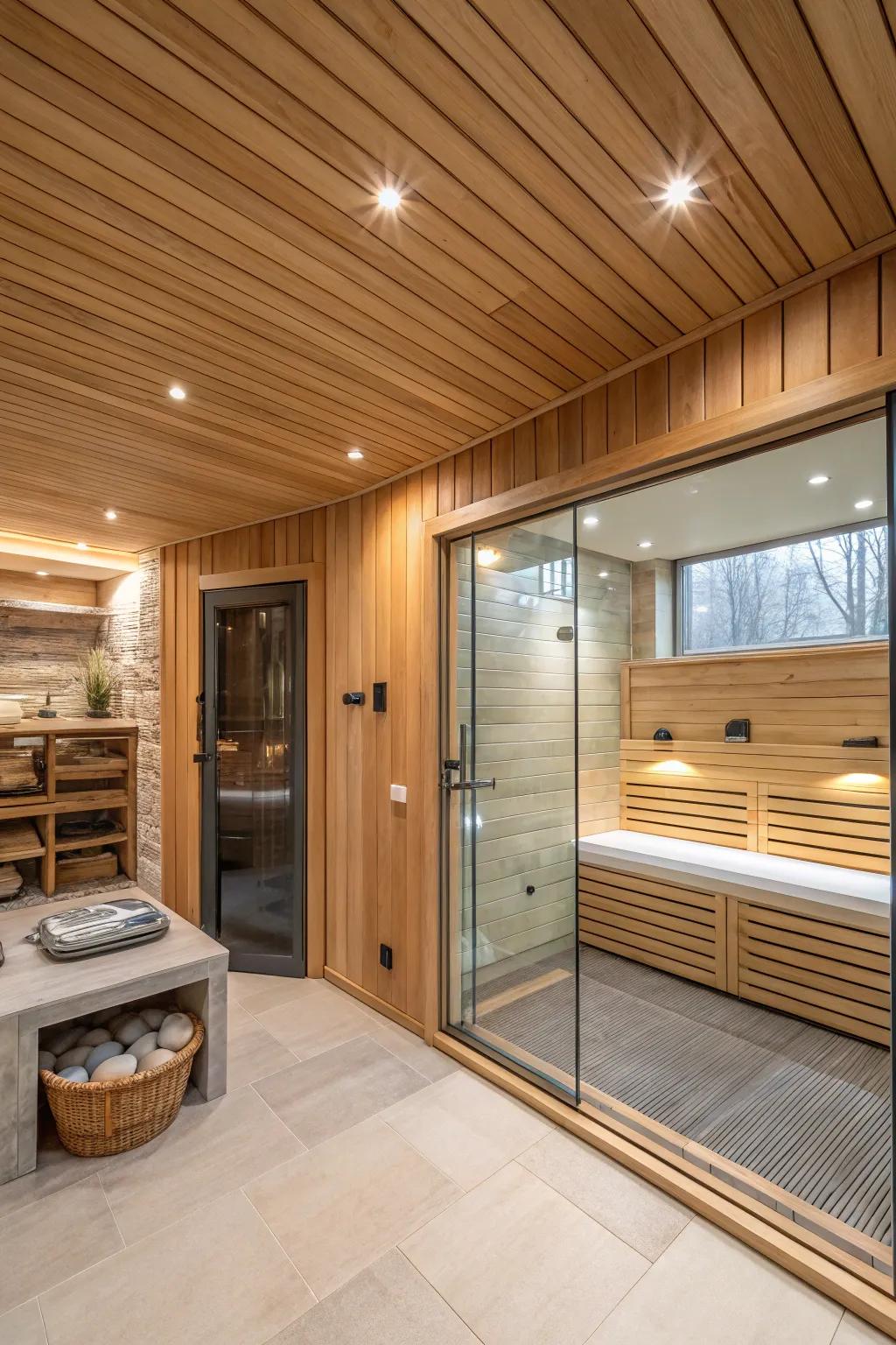 An integrated sauna turns this master bathroom into a personal spa retreat.