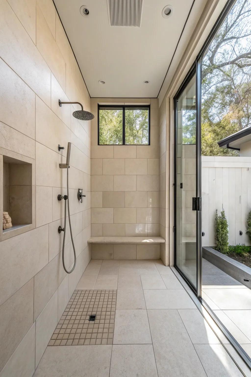 An exposed shower layout for seamless bathroom flow.