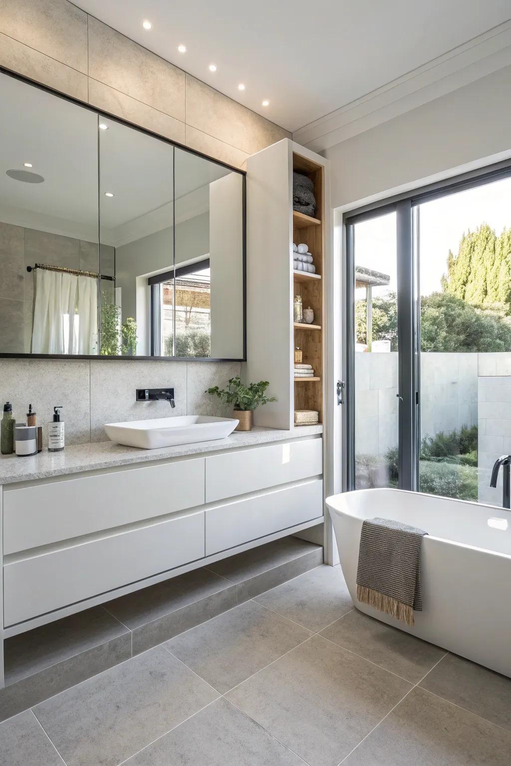 Floating cabinets offer a streamlined and airy design.