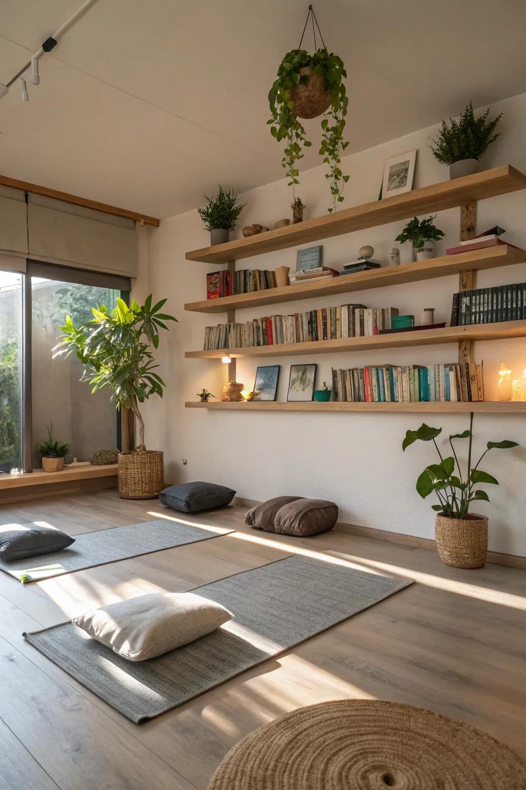 A meditation room with floating shelves for ornamentation.