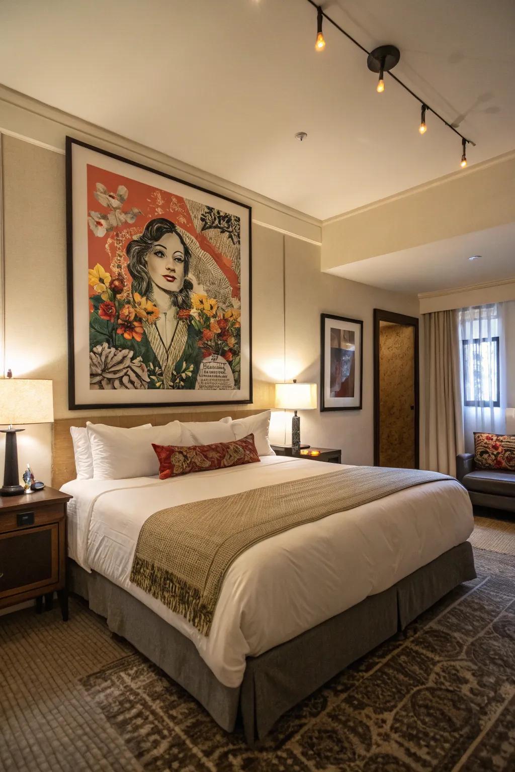 A bedroom featuring an oversized art piece for heightened drama.