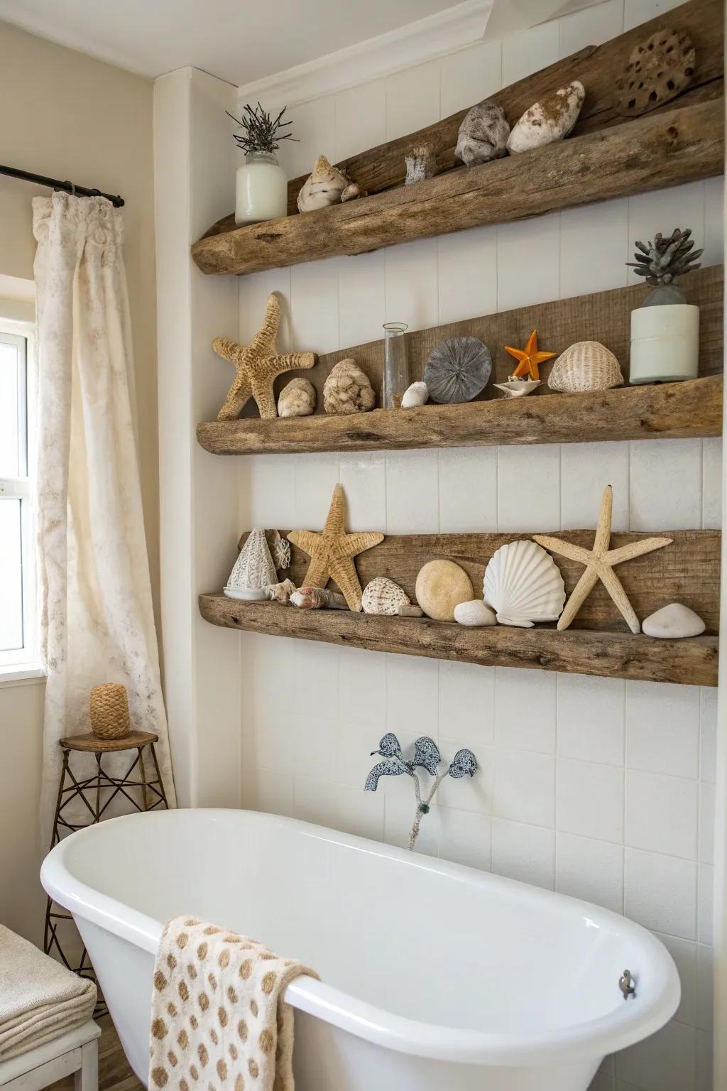 Driftwood shelves blend rustic charm with coastal elegance.