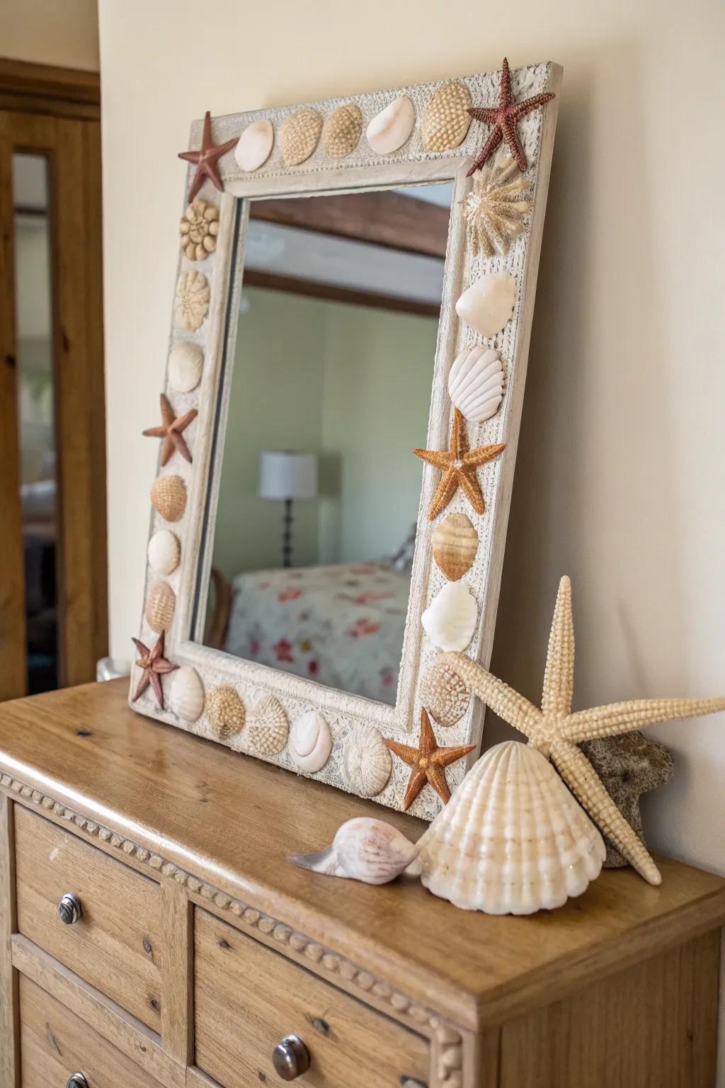 Mirrors with ocean-themed frames reflect the theme beautifully.