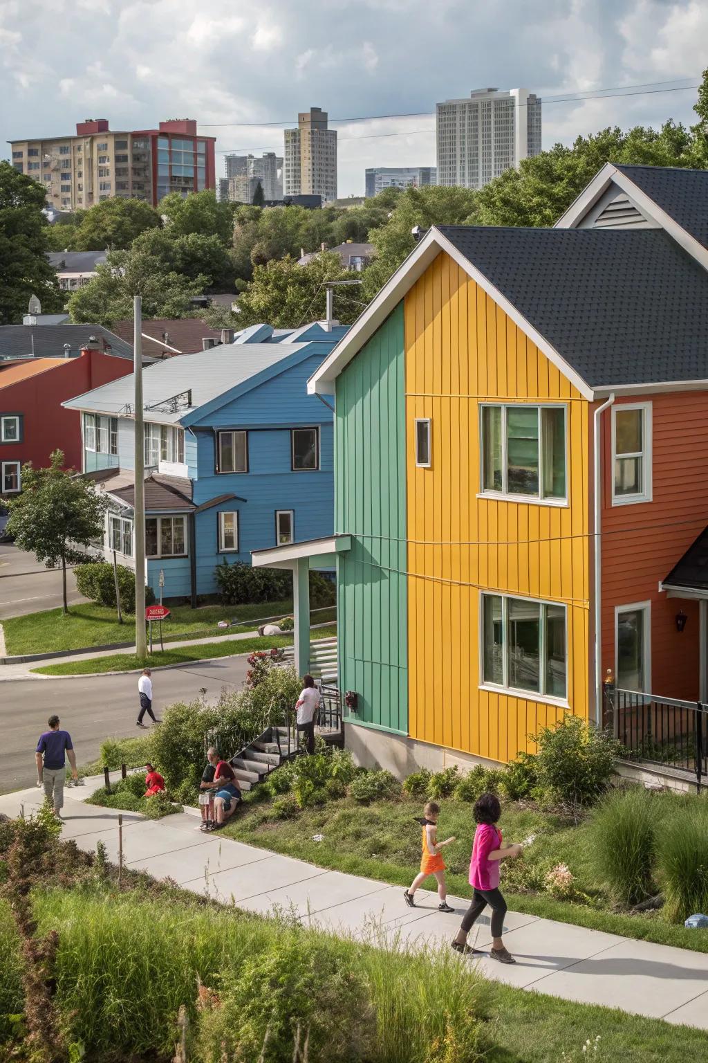 A vibrant community home with metal cladding featuring complementary colors for a lively look.
