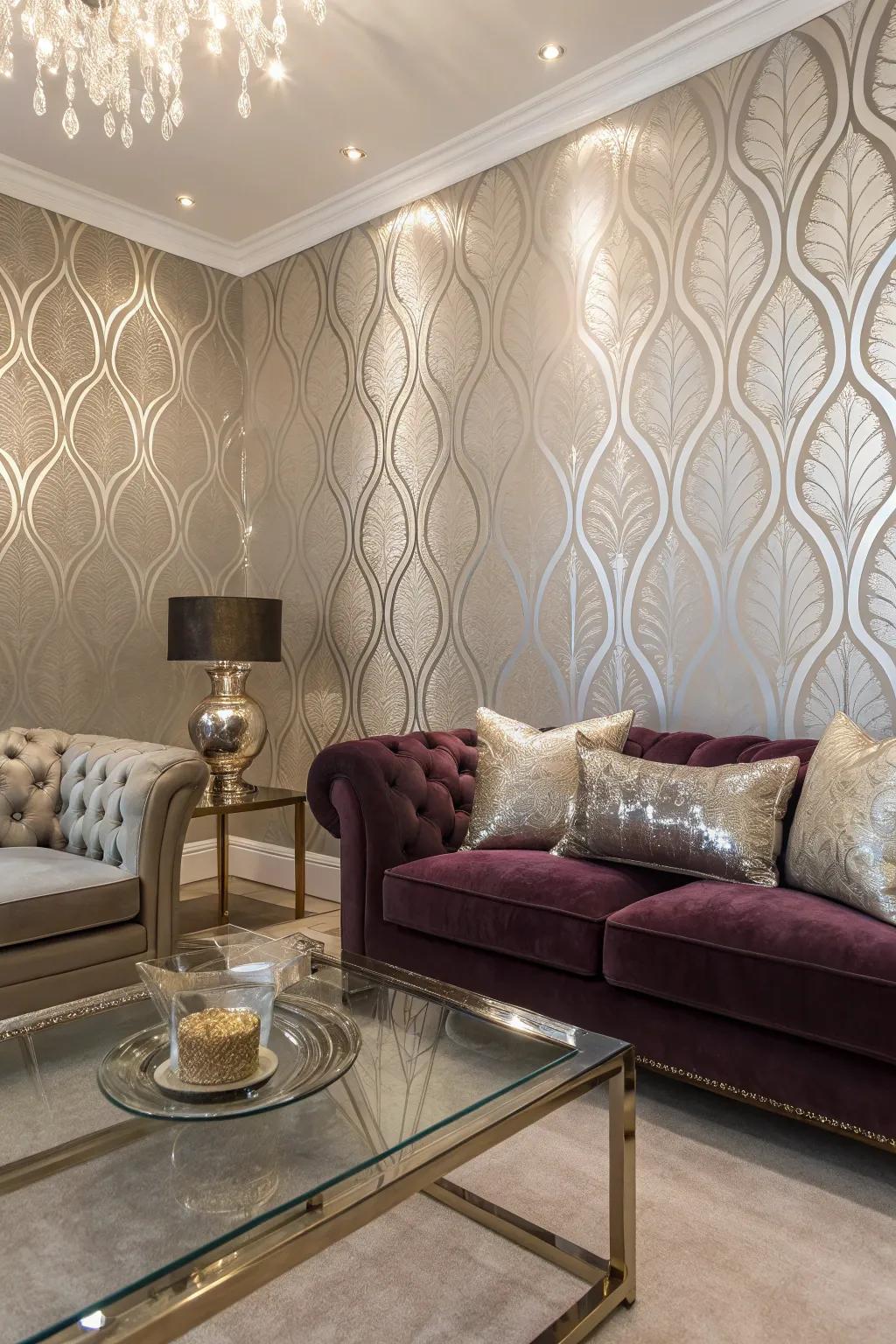 Luxurious room with metallic accent mid-century wallpaper.