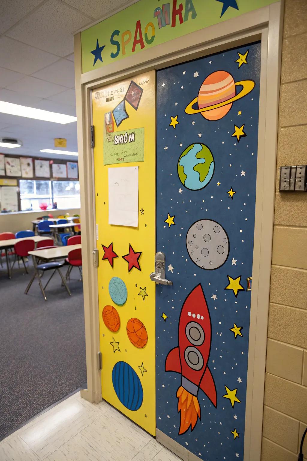 A space-themed classroom door with planets and rockets.