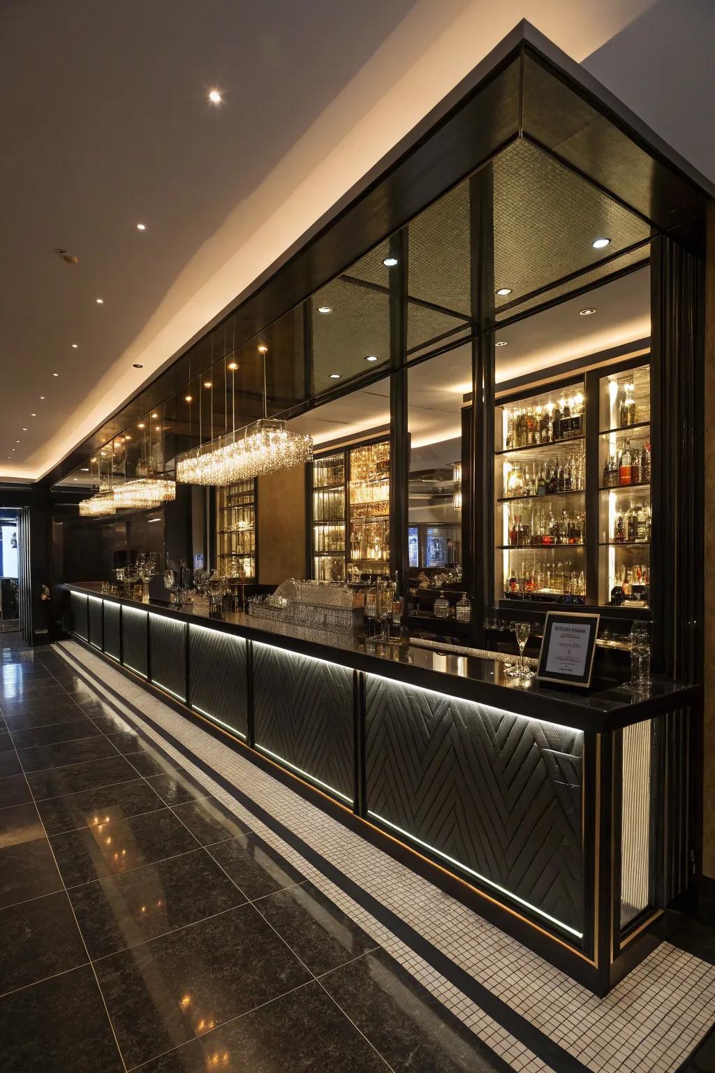 Mirrors and lighting enlarge the perceived space of the mini bar.