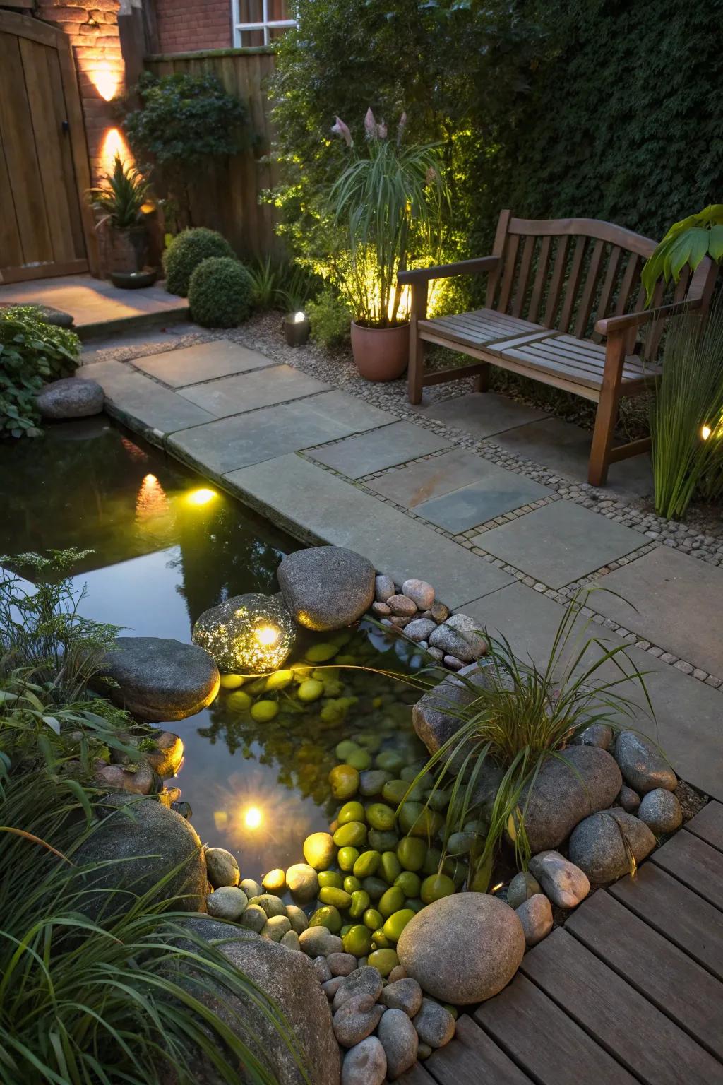 Underwater lights make a patio pond feel magical.