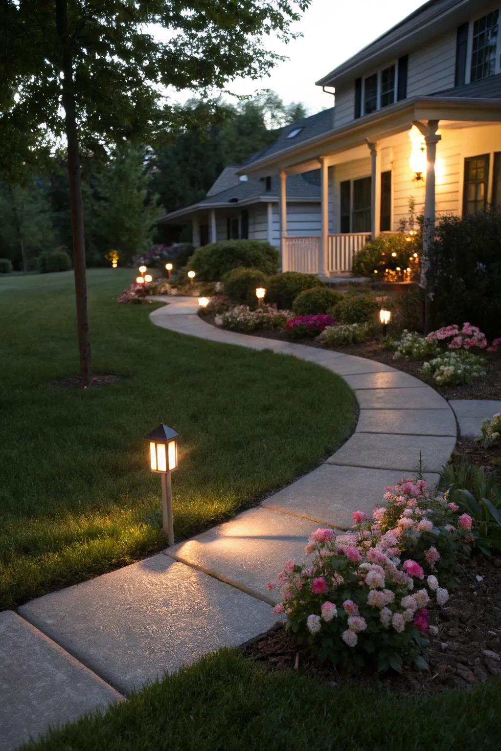 Gentle lighting highlights the yard's beauty by night.