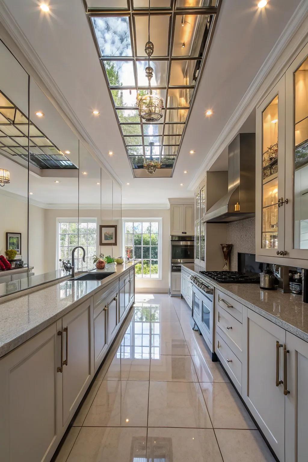 Mirrors installed on the ceiling to enhance light reflection and create an airy ambiance.