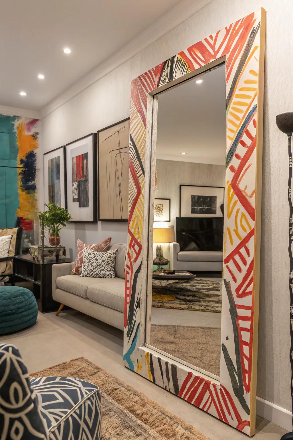 Abstract art transforms your mirror into a statement piece.