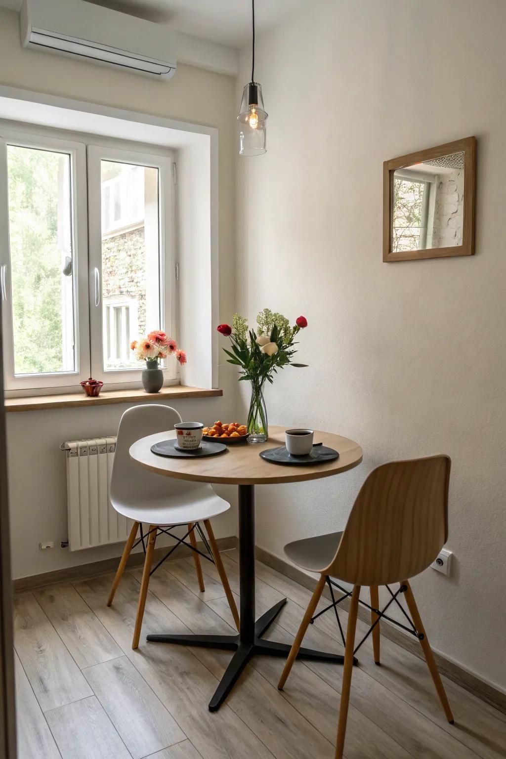 Small dining arrangements are ideal for maximizing compact spaces.