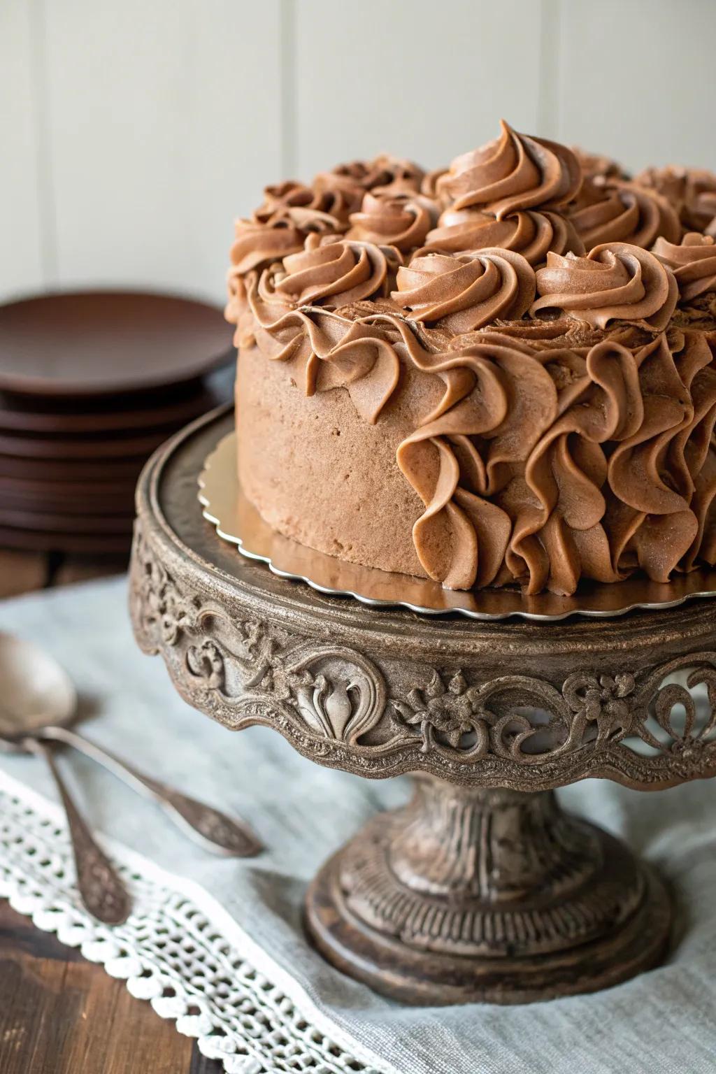 Mocha buttercream ruffles add a romantic touch to the cake.