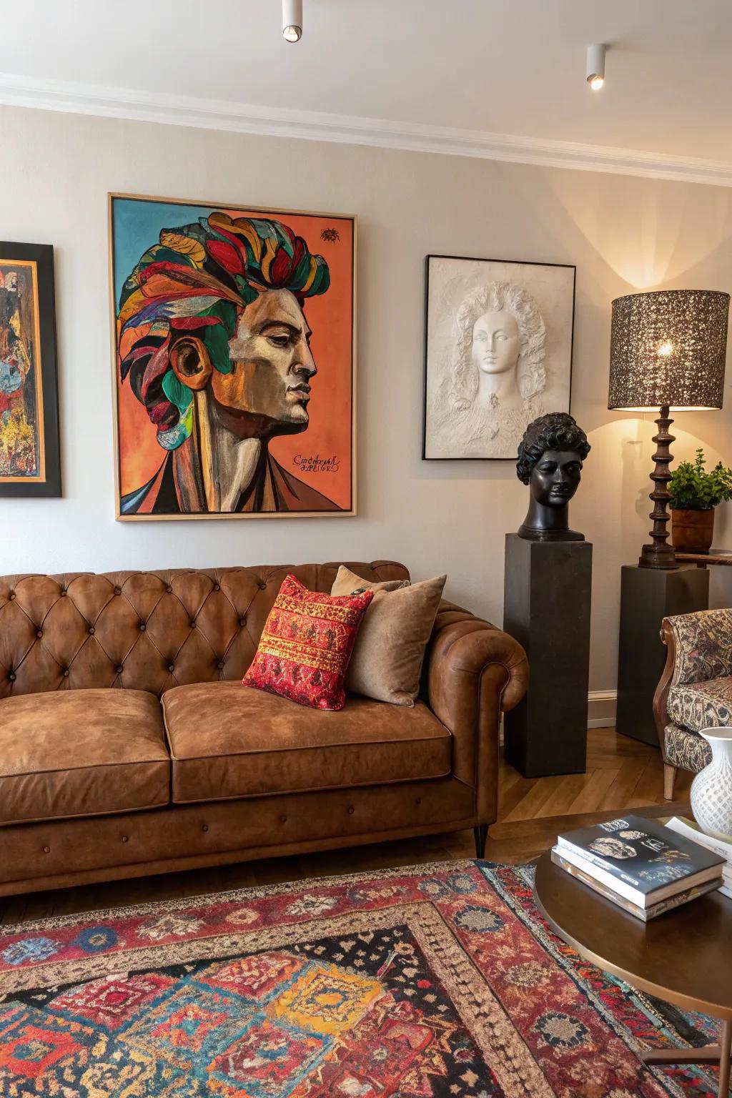 Artistic facets transform the chocolate sofa area into a personal exhibition.