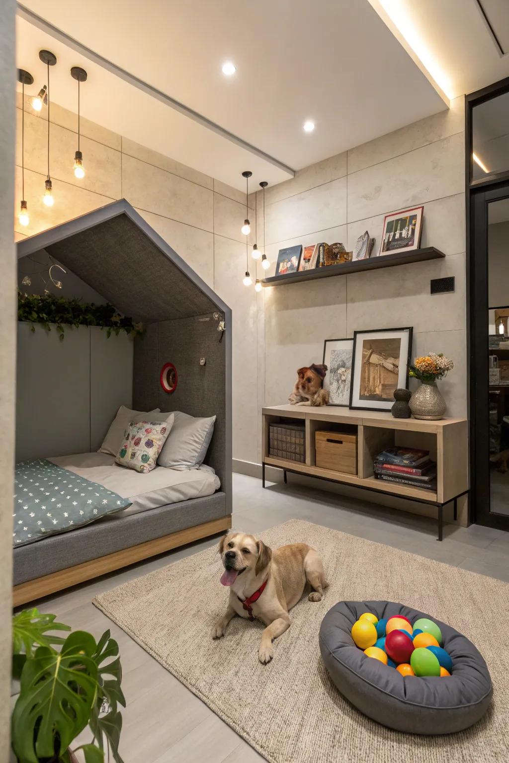 Create a cozy pet zone in an alcove for your furry friends.