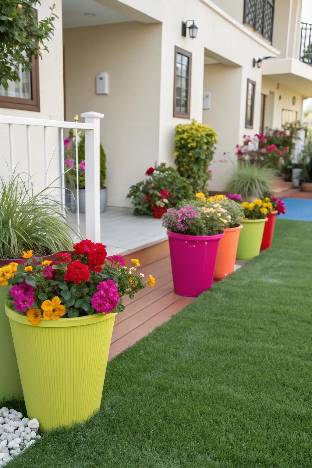 Bright pots add color and personality to the artificial turf area.