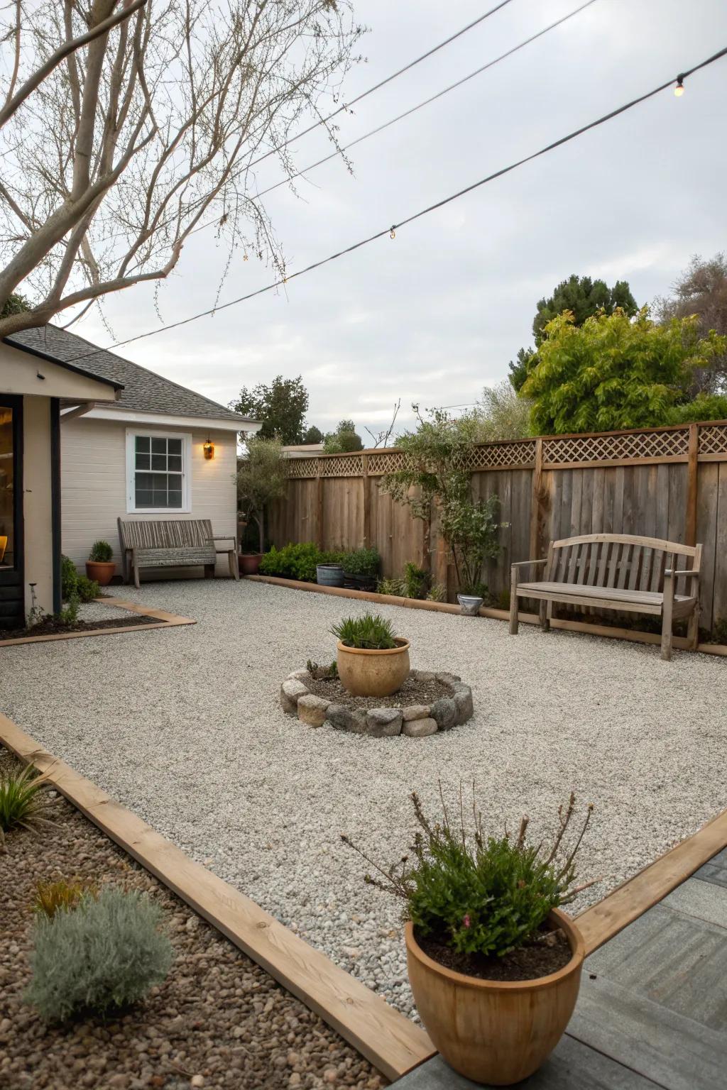 A charming pea gravel patio creates a cozy backyard space.