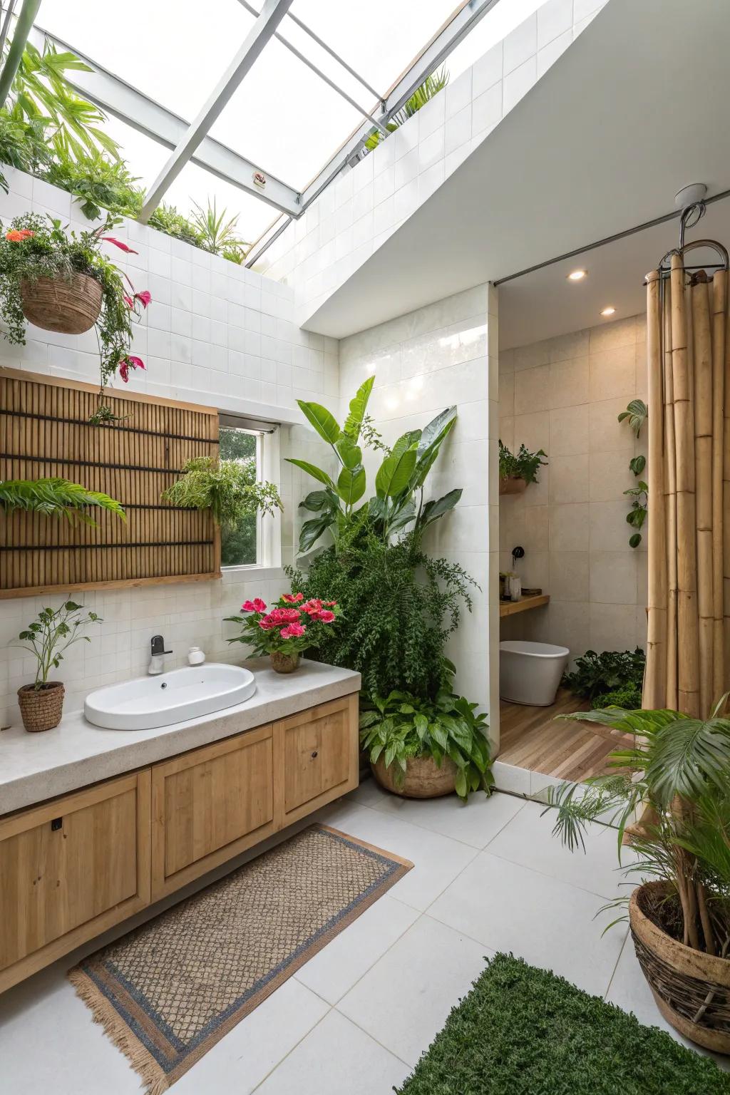 Plants add a refreshing touch to this contemporary bathroom.