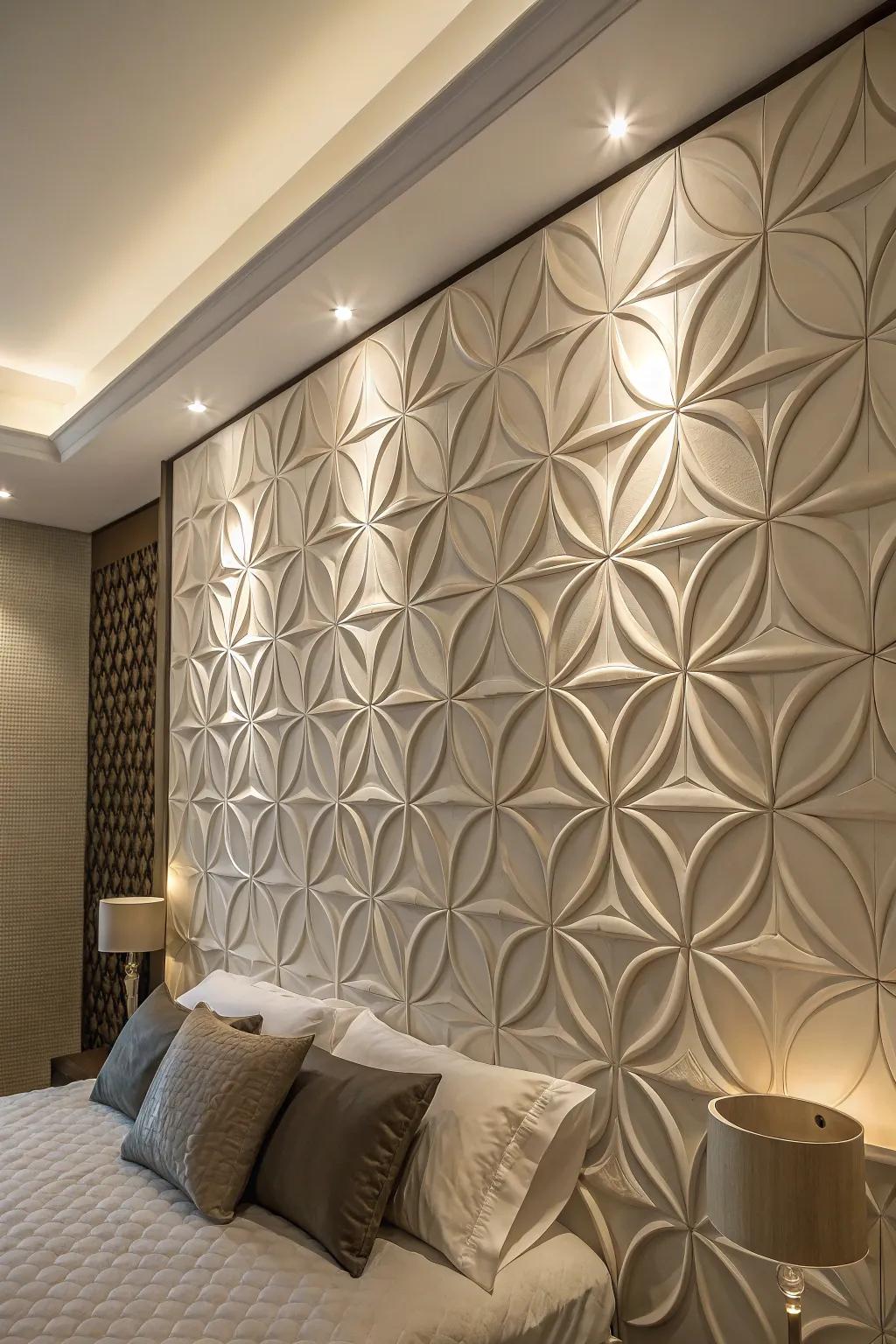 Sculptural panels add three-dimensional artistic depth.