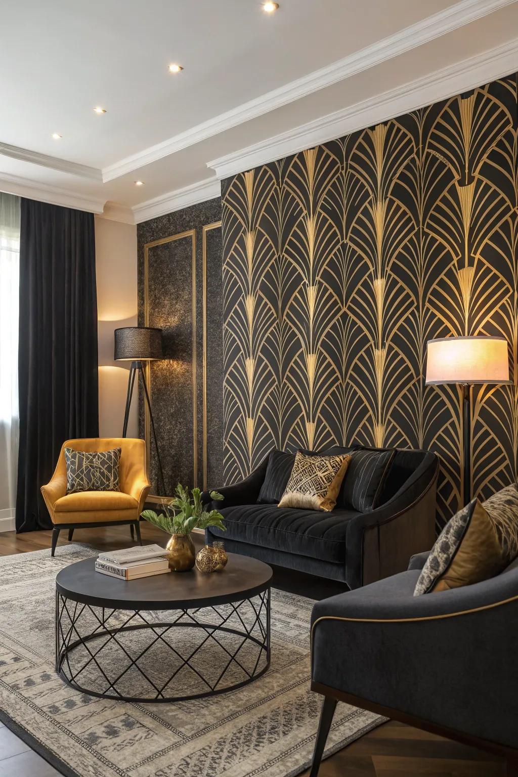 Bold wall covering adding depth and drama to the living room.