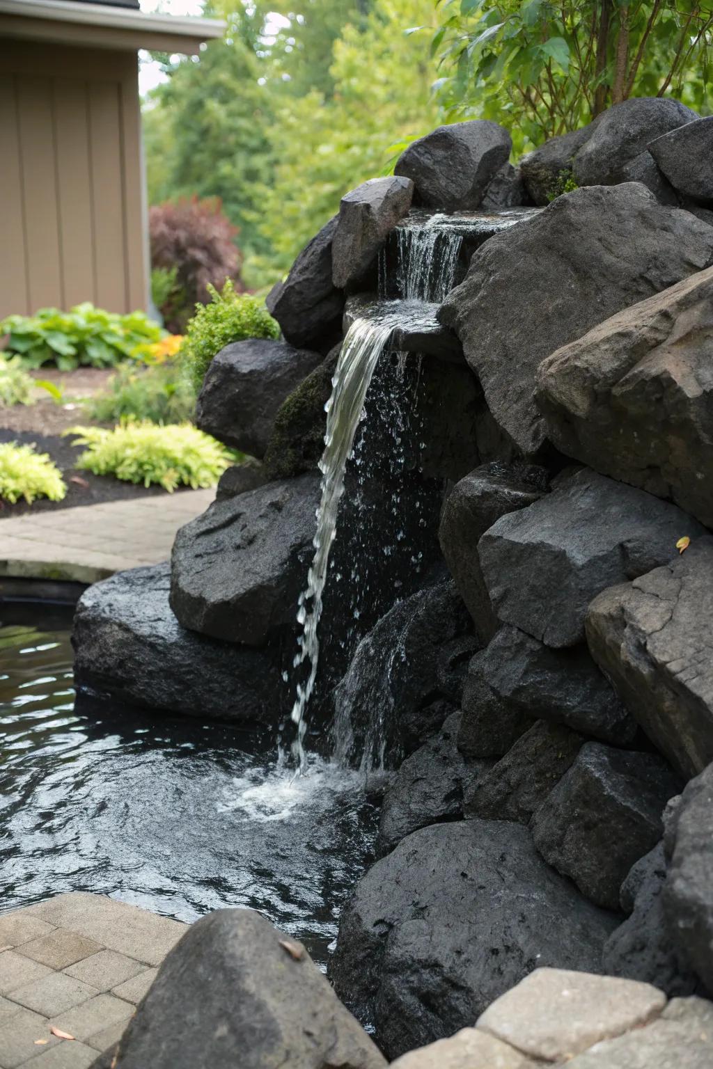 A dramatic waterfall crafted from volcanic dark stones.