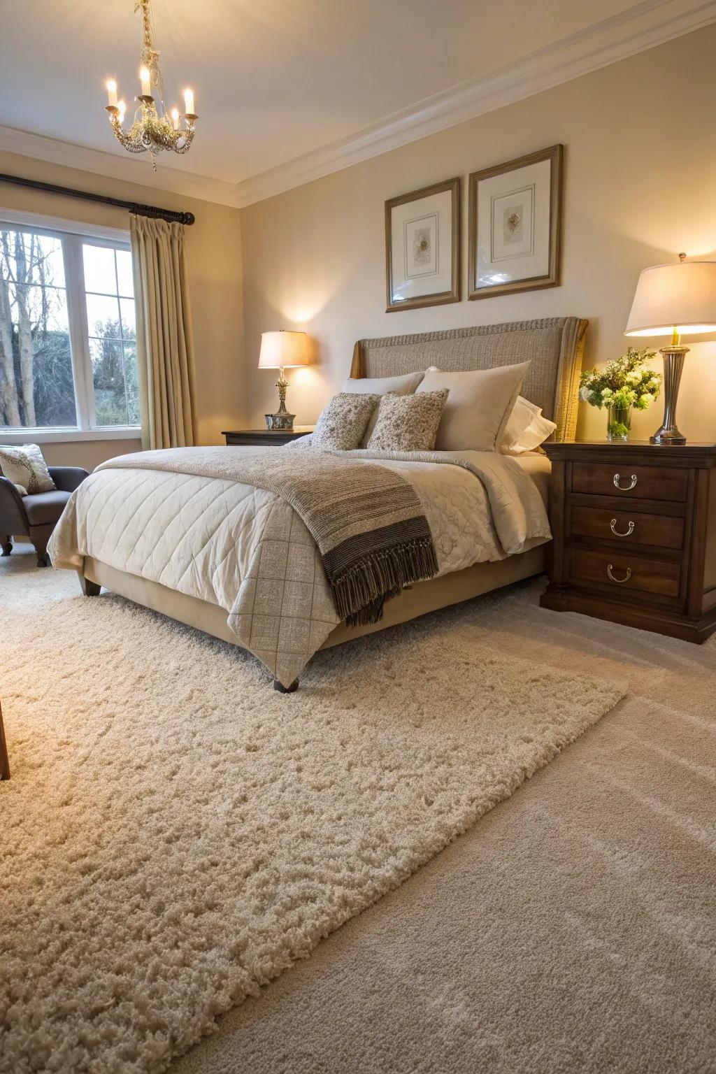 A bedroom showcases a high-pile carpet for an opulent and comfortable setting.