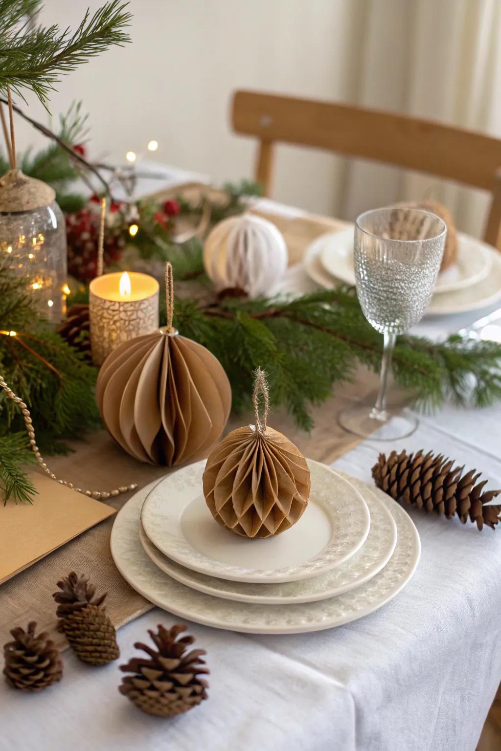 An eco-inspired table setting with recycled paper ornaments.