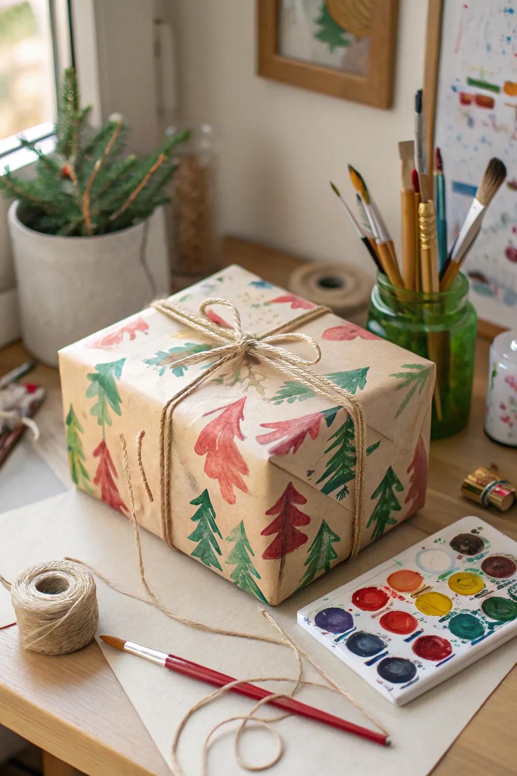 A creatively painted gift wrap that transforms light brown paper into a personalized piece of art.