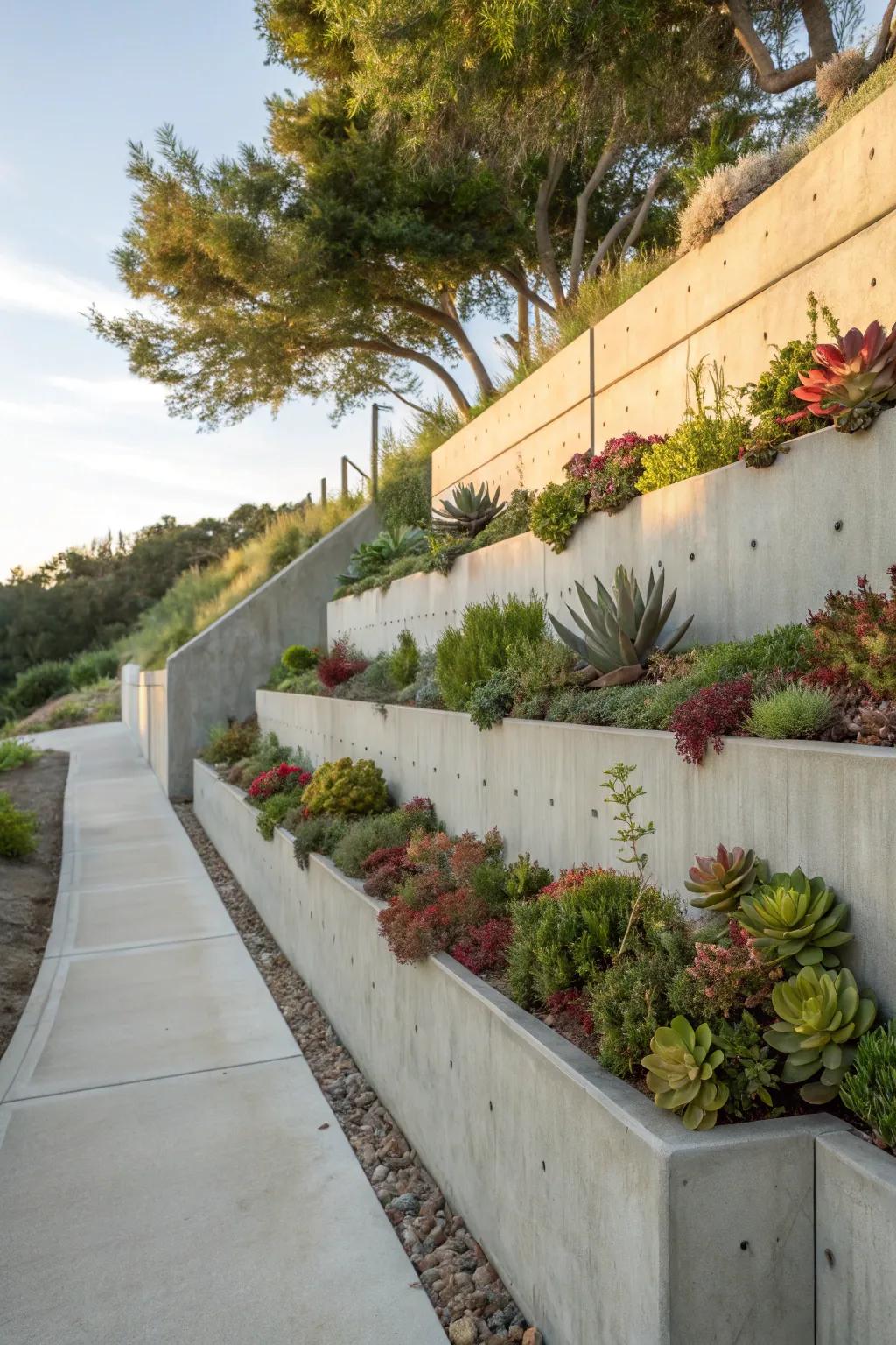 Reinforced wall featuring integrated pots for added greenery.