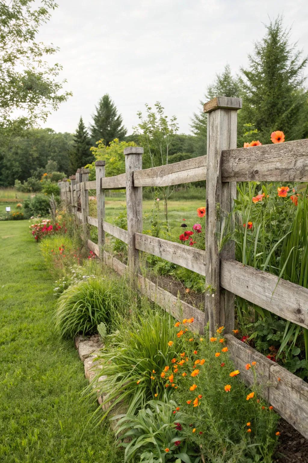 Reclaimed lumber adds character and sustainability to this modern farmhouse fence.