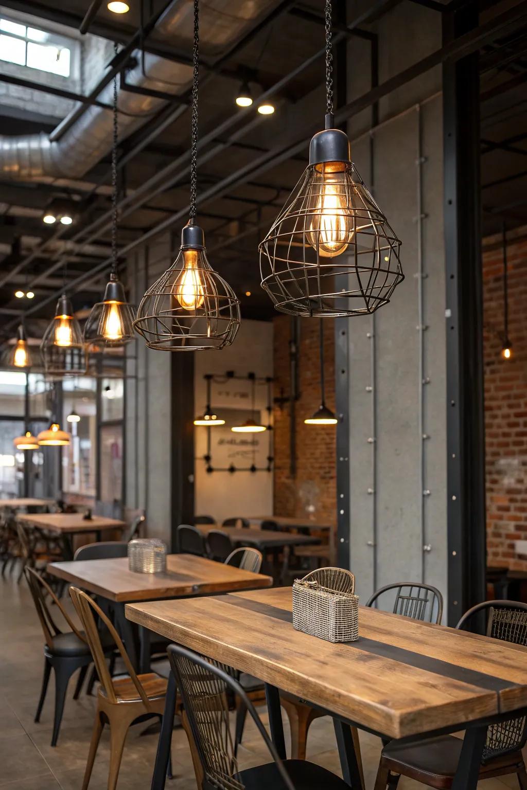 Industrial cage pendants introduce a bold feature.