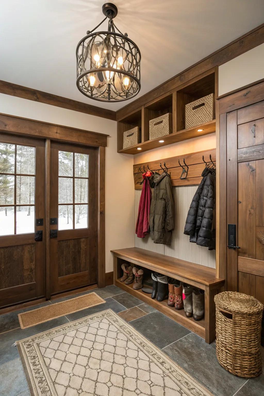 Elegant mudroom featuring a bold eye-catching lighting fixture.