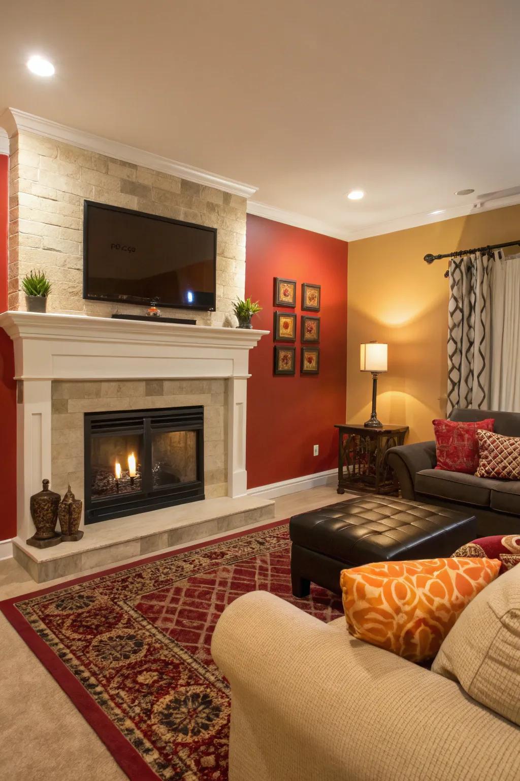 Contrasting hues make your fireplace wall stand out.