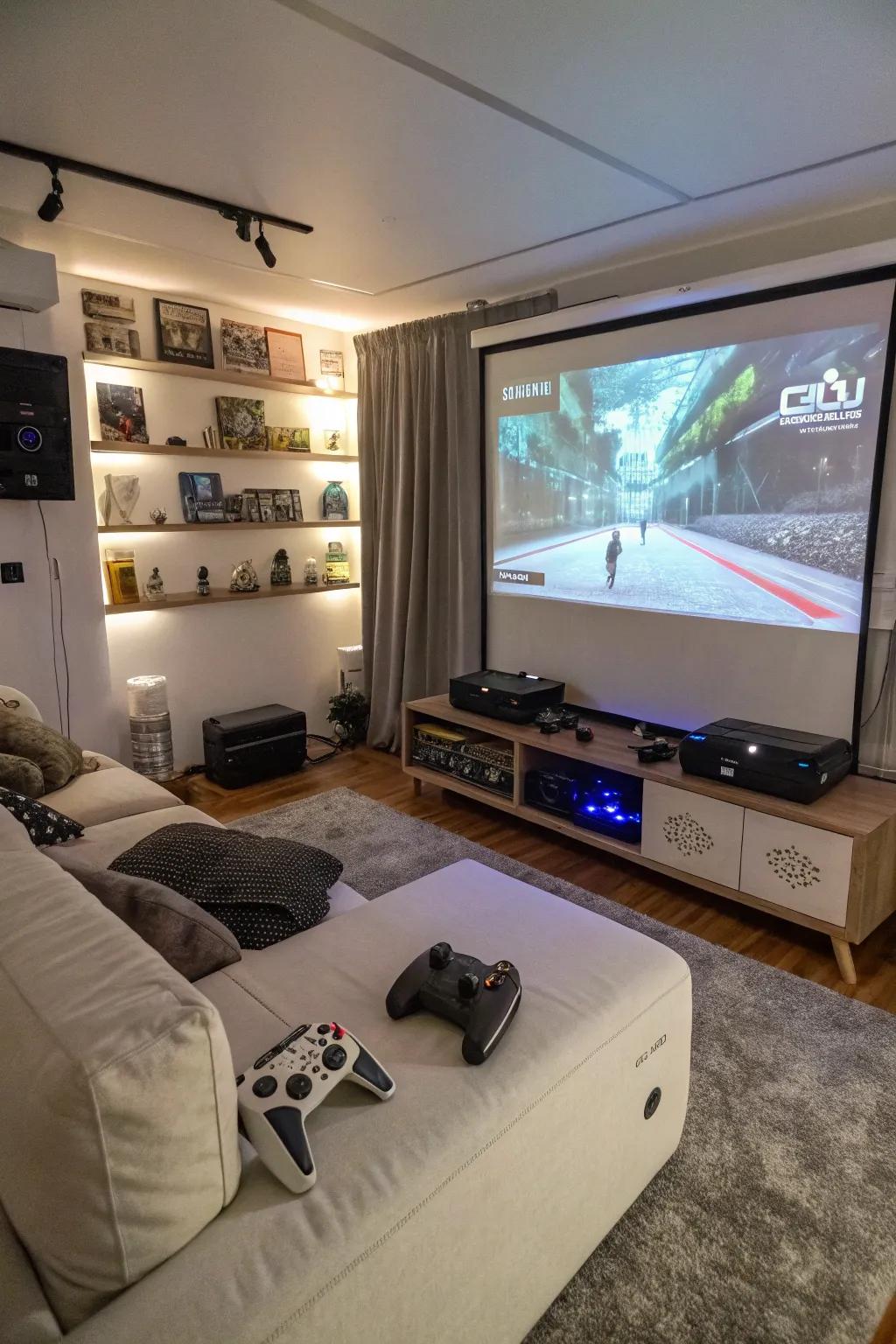 A gaming area that includes a projector setup for an expansive viewing experience.