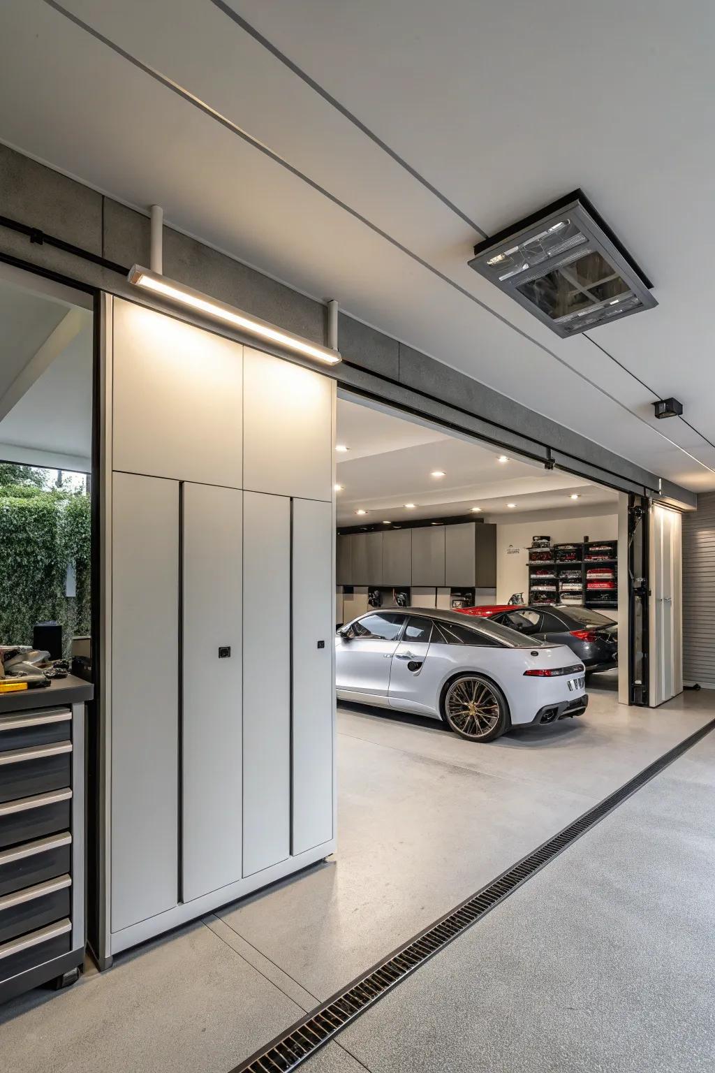 Keep your garage tidy with hidden storage solutions.