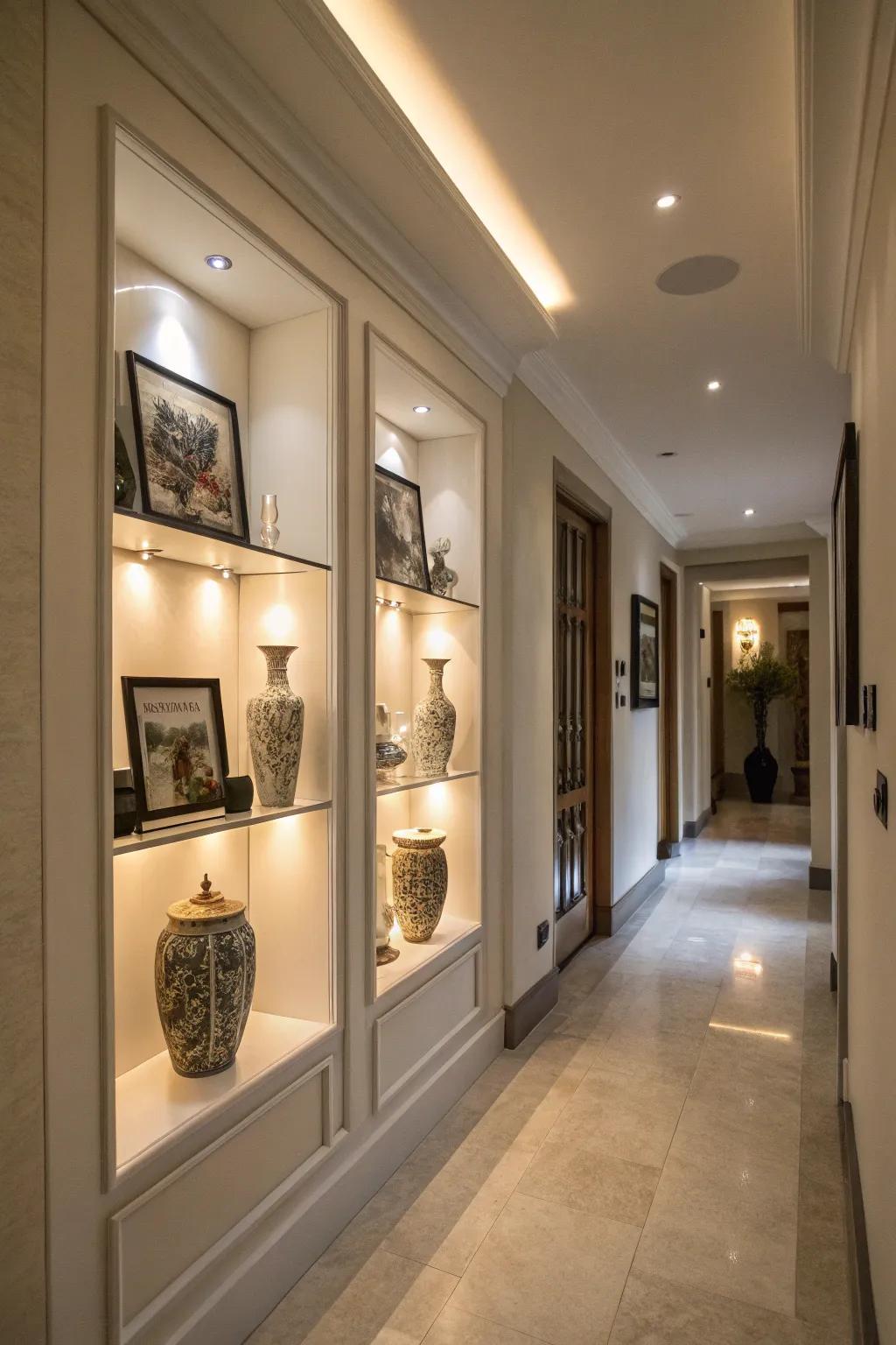 Under-cabinet lighting creates cozy, illuminated hallway nooks.