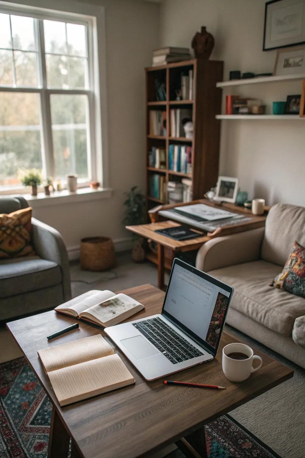 A multi-use space that combines living and working areas.