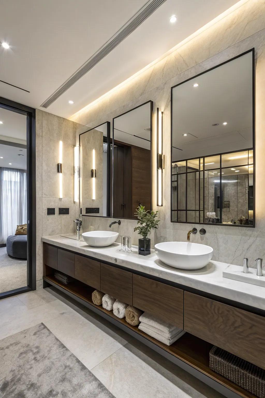 Frameless mirrors enhance the spacious feel of this bathroom.