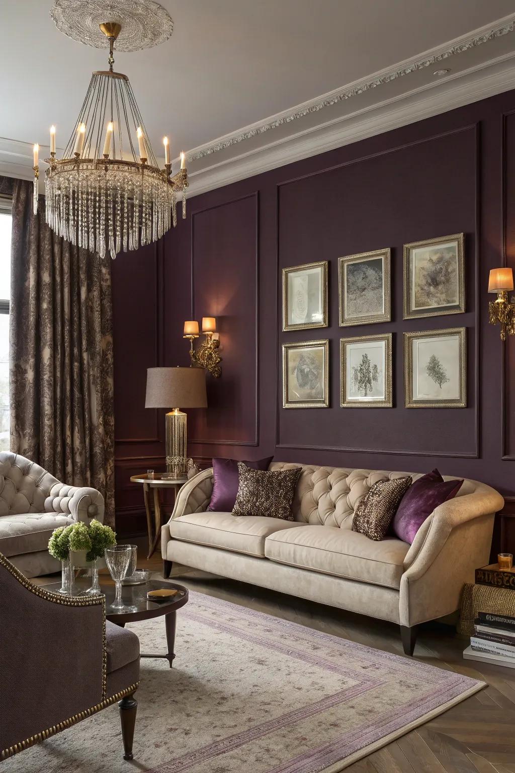 Dark cherry walls add a moody elegance to this sophisticated living room.