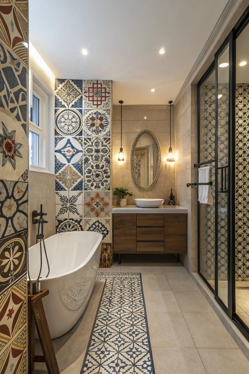 Distinctive tile designs append an individualized touch to this bathroom.