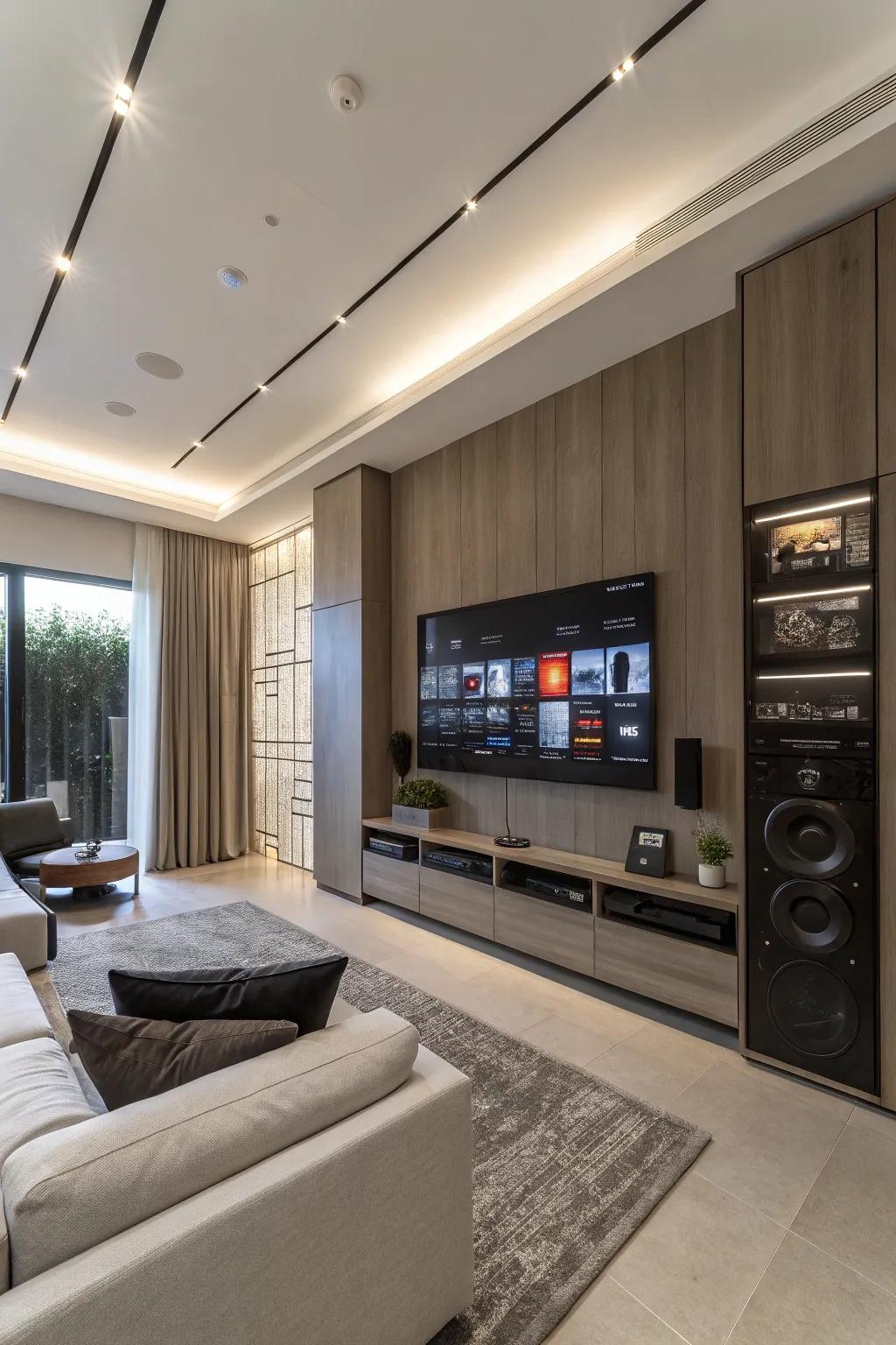 Seamless tech integration sustains a media wall functional and tidy.