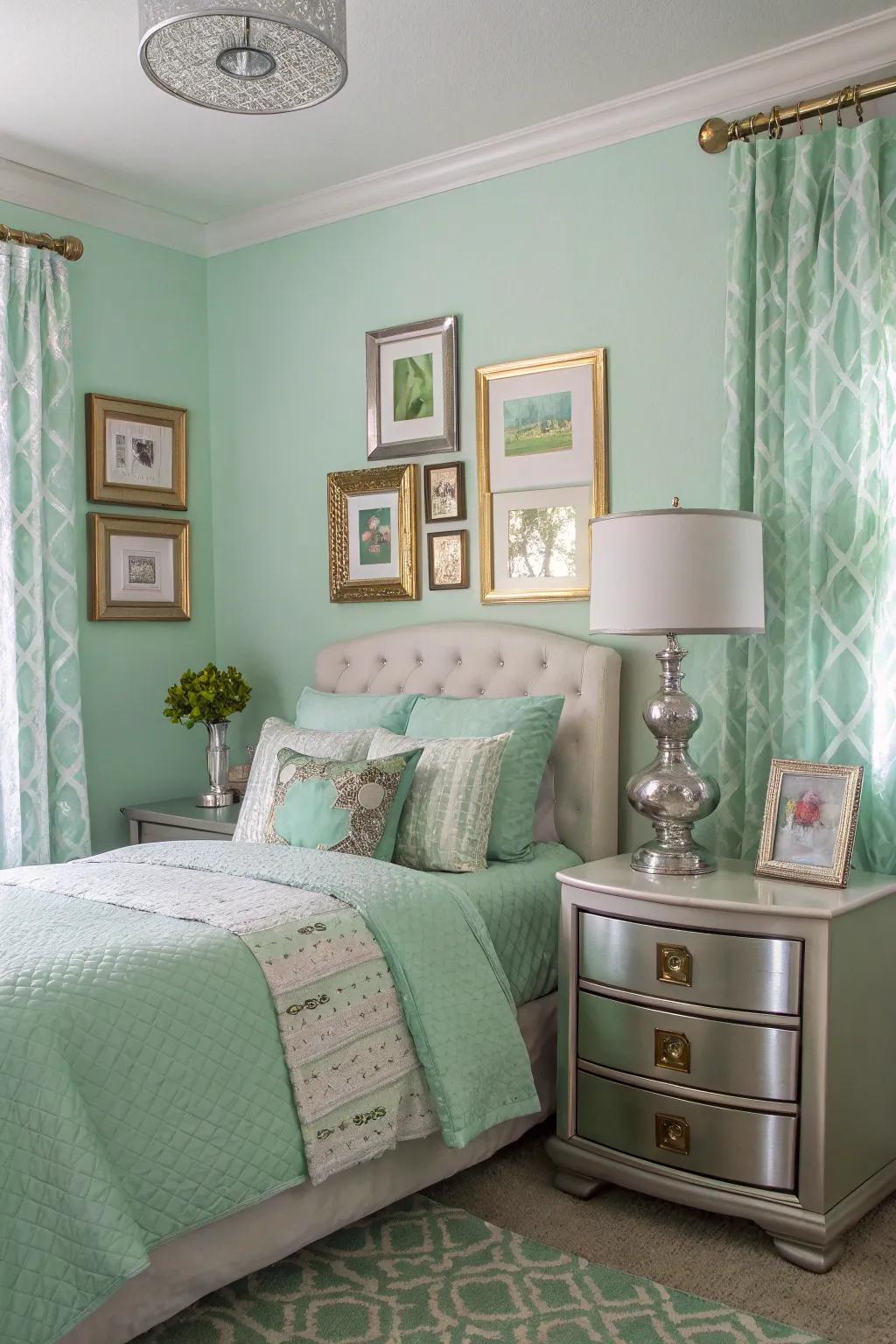 Chic metallic accents in a mint green bedroom.