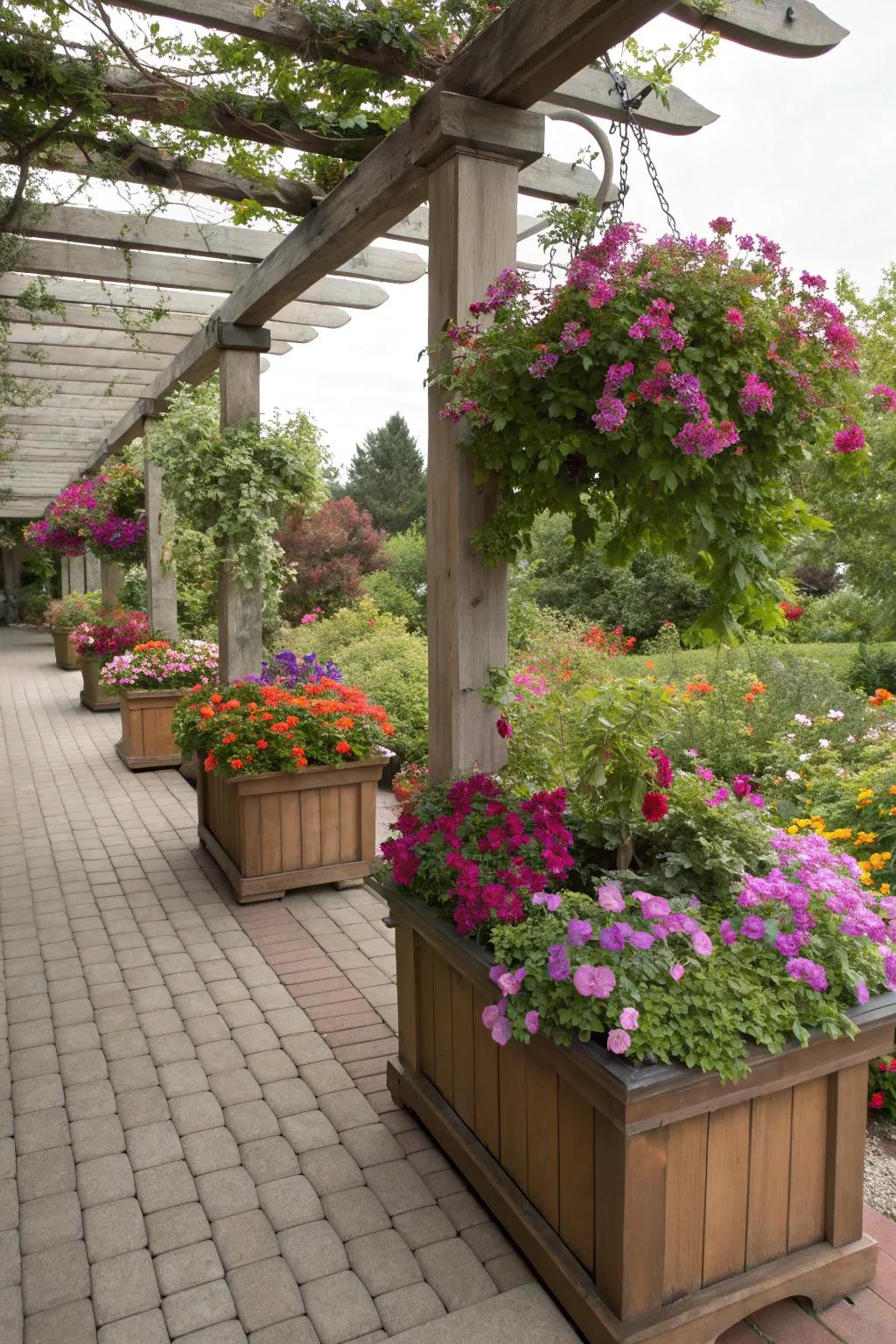 Built-in planters bring color and life to your pergola.