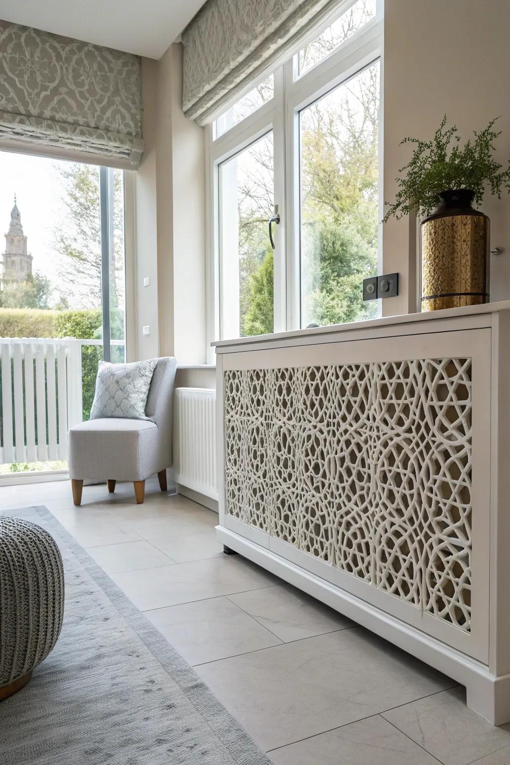 A radiator cover with eye-catching geometric grates.