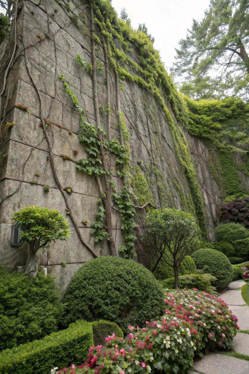Upright mineral walls add height and support lush greenery.