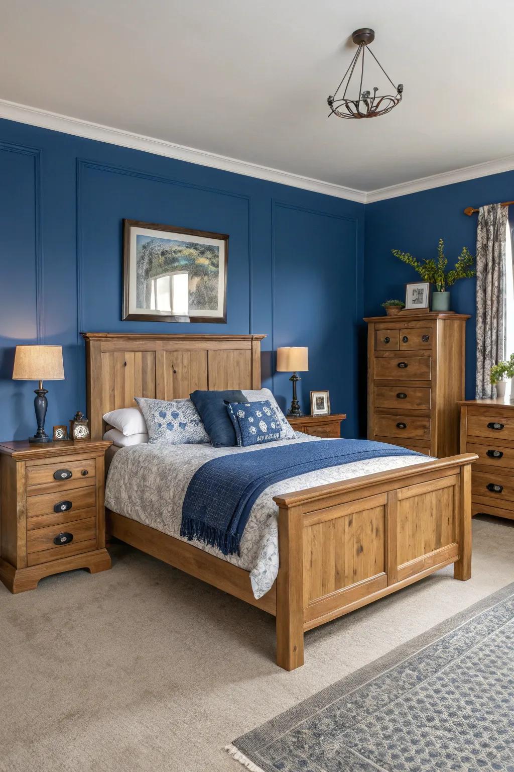 Wooden elements add warmth and coziness to the blue-themed bedroom.