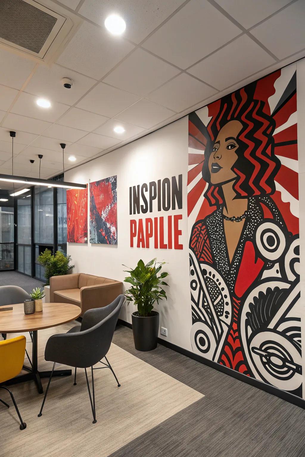 Eye-catching wall decor appends individuality and inspiration to a rustic office.