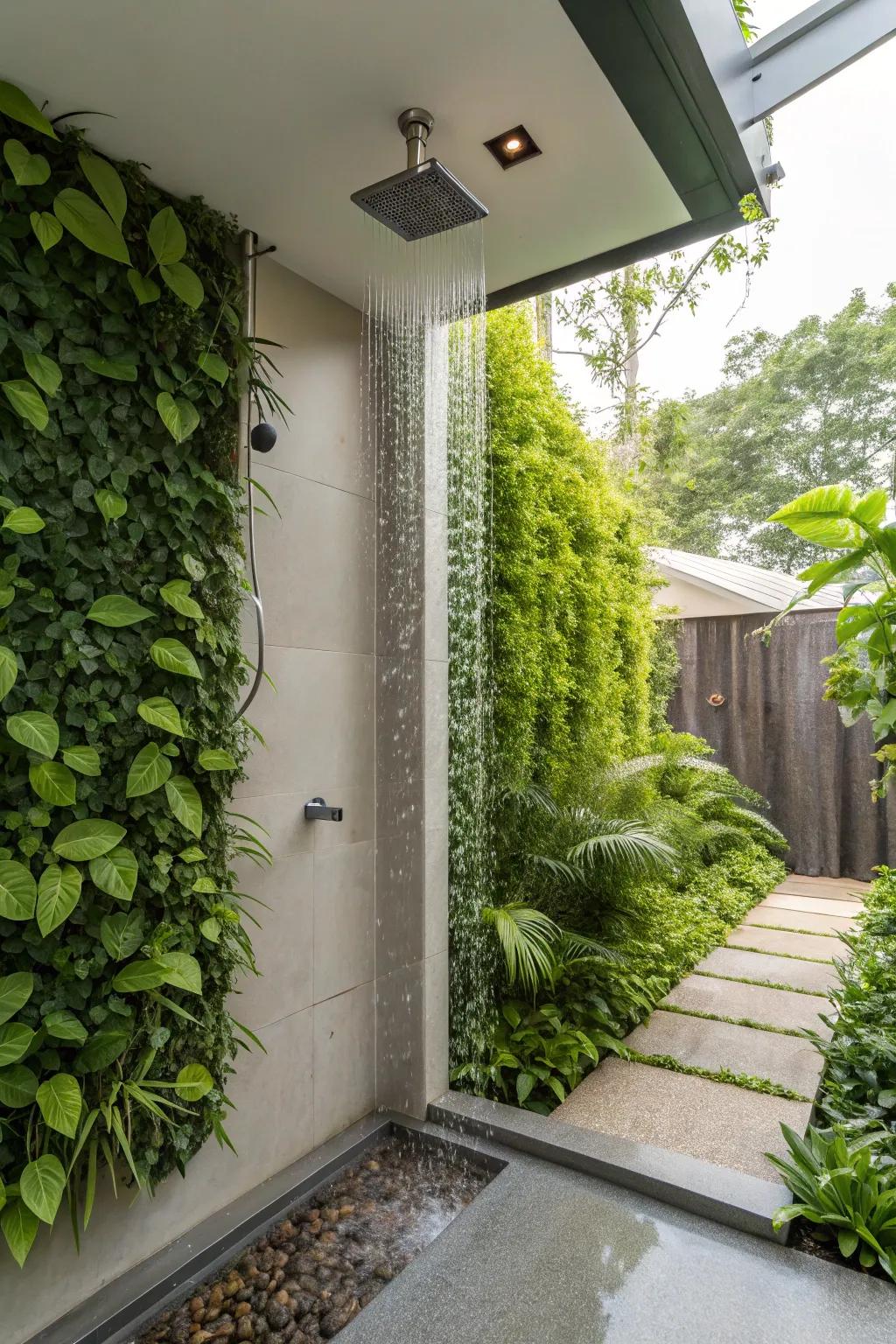 A lush shower area featuring an innovative vertical garden.