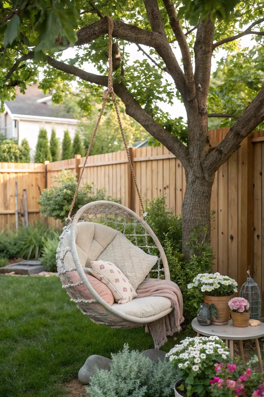 A hanging chair adds fun and relaxation.