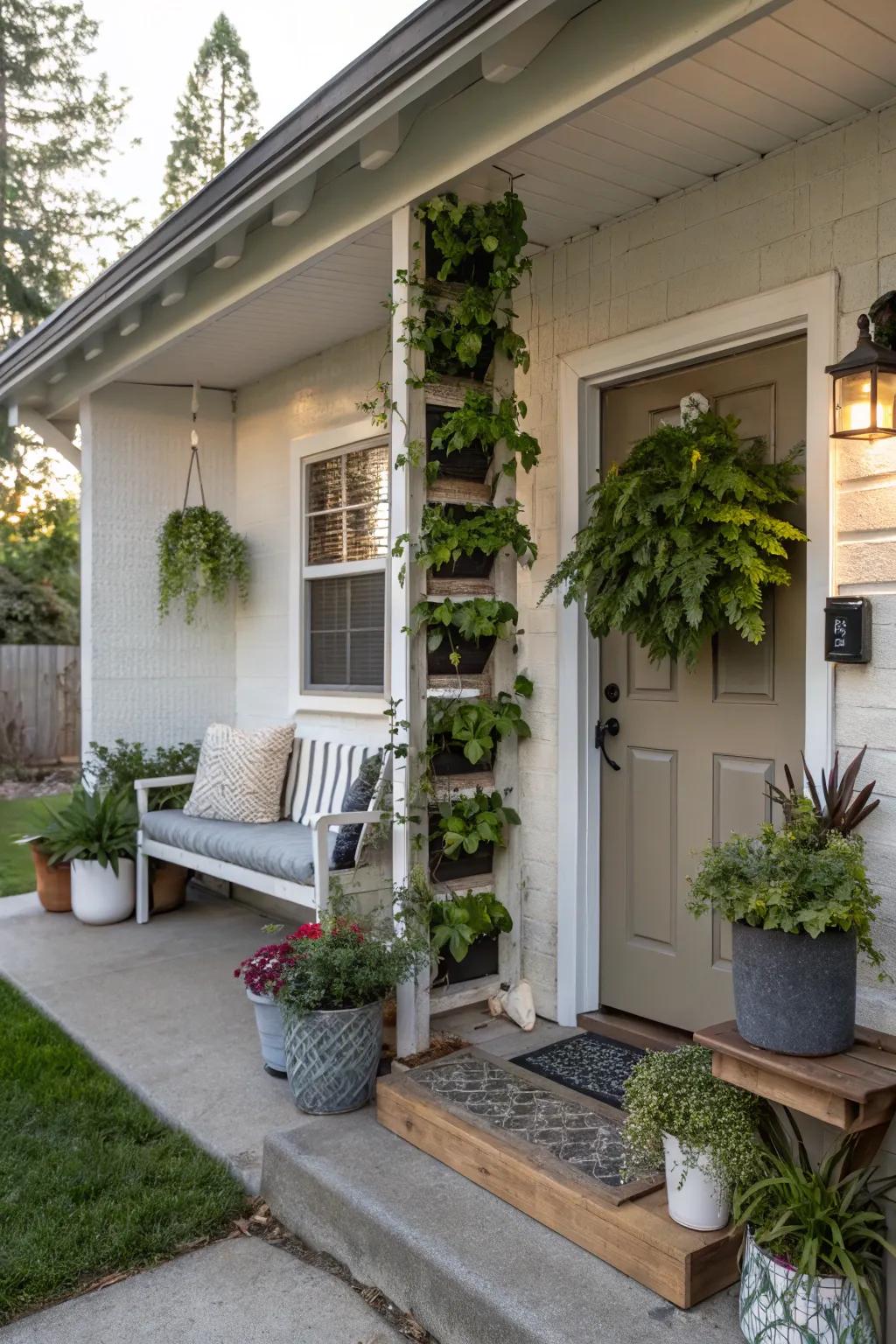A petite front porch showcasing a verdant vertical garden for increased vegetation.